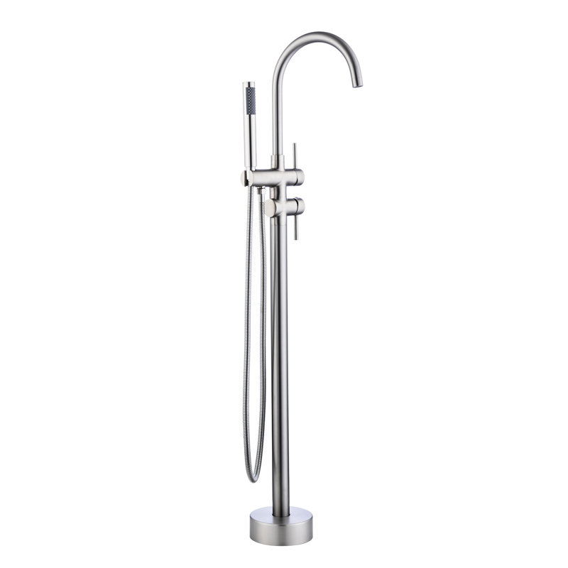 Robinet de baignoire en nickel brossé avec coquille en céramique et fonction d'égouttement à fixation au sol en acier inoxydable