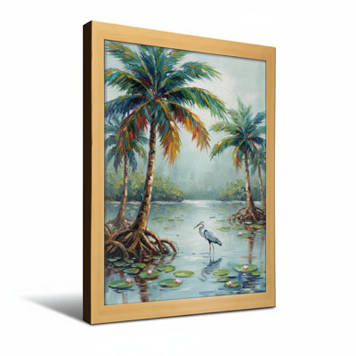 Plantes et fleurs, palmiers tropicaux, oiseaux d'eau, lis, scène brumeuse