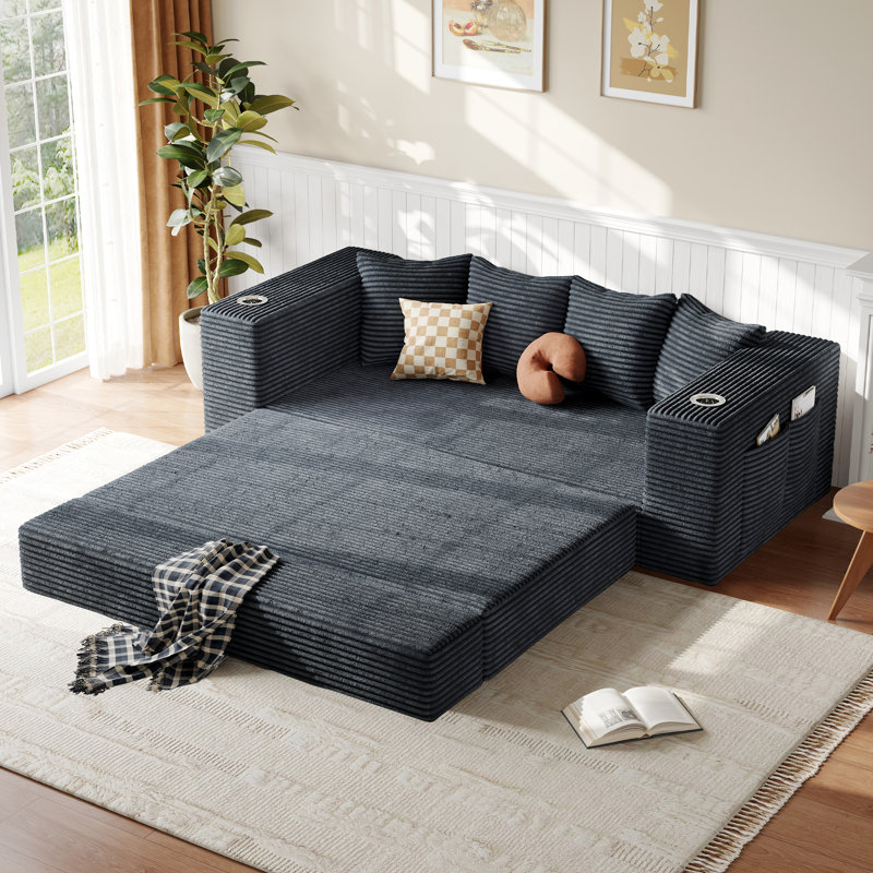 Canapé-lit convertible sans dossier en velours côtelé gris de 195 cm (77 po) avec porte-gobelets et poches latérales, Grey