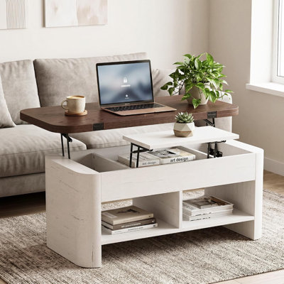 Table basse extensible en bois avec plateau relevable de 95 cm (37,5 po), rangement dissimulé et fonction table à manger convertible avec vérin à gaz pour petits espaces - Blanc