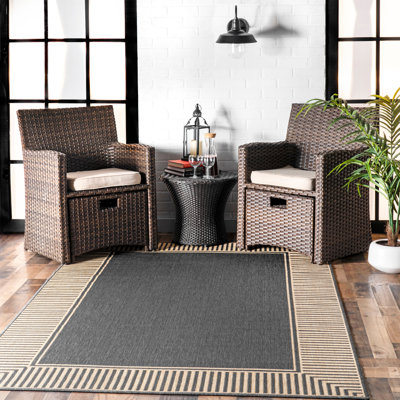 Arbab Bordered Power Loomed Grey Indoor/Outdoor Rug