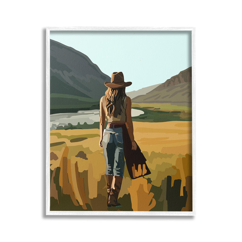 «Strolling Cowgirl in Desert», art mural sur toile par Amelia Noyes, Estampe numérique encadrée blanc bord de mer