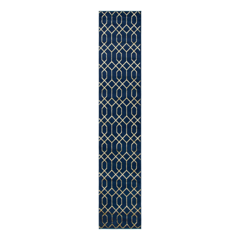 Glam Navy Blue Gold Area Rug, Runner 2' x 10'