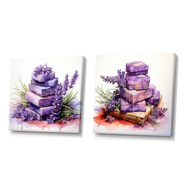 Mauve lavande Batjhroom I - ensemble de 2 décorations murales lavande, Toile tendue, H 16 po x l 33 po x P 1 po