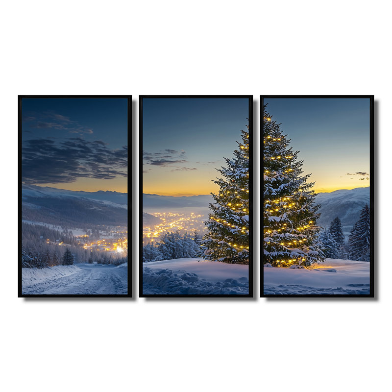 Arbre de Noël bleu vert - ensemble de décoration murale de Noël, H 28 po x l 36 po, Cadre noir