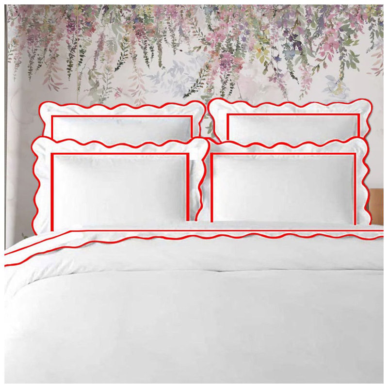 400TC Cotton Scallop Embroidery & Border Sateen Solid Duvet Cover Set, Full/Queen Duvet Cover, White/Red