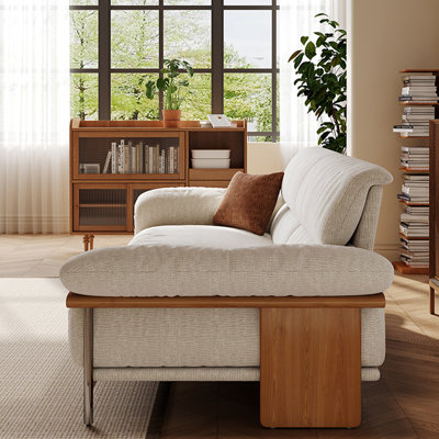 88.58"White linen-blend loveseat with throw pillows