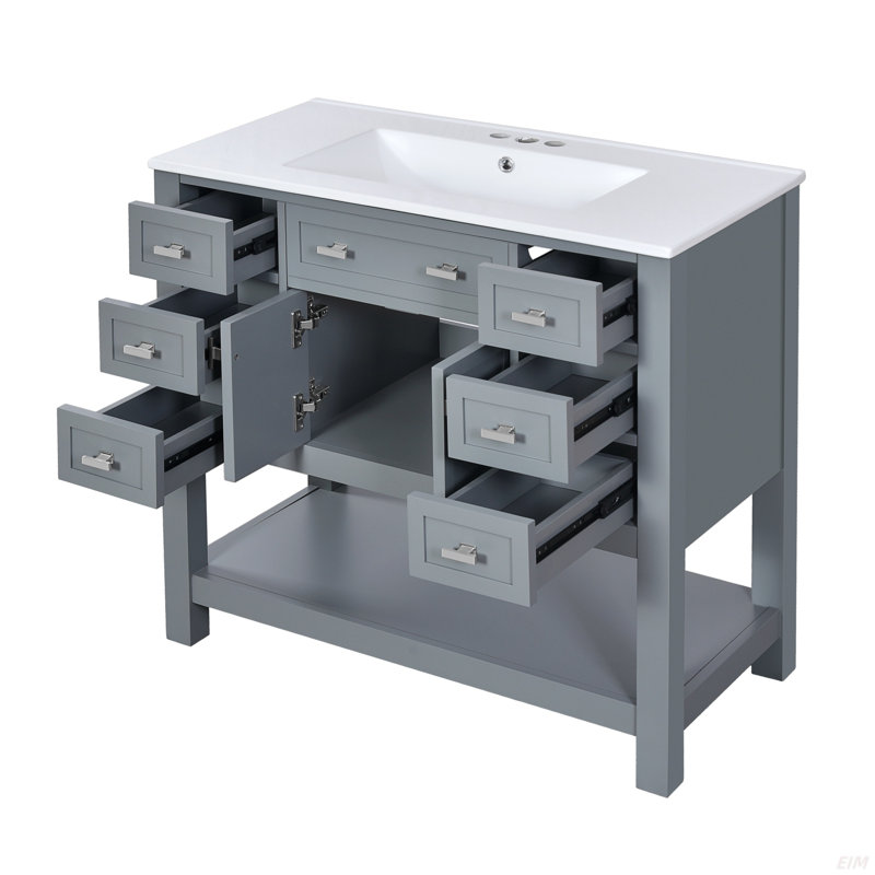 Meuble-lavabo 36 po avec lavabo supérieur, armoire de rangement moderne avec 2 portes à fermeture douce et 6 tiroirs, meuble-lavabo simple