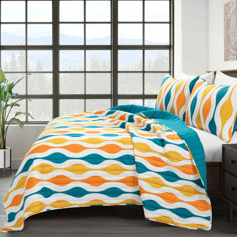 Turquoise and Orange Reversible Microfiber Full Quilt Set