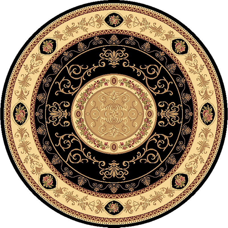 Aubusson Black and Beige Round Synthetic Wool Area Rug