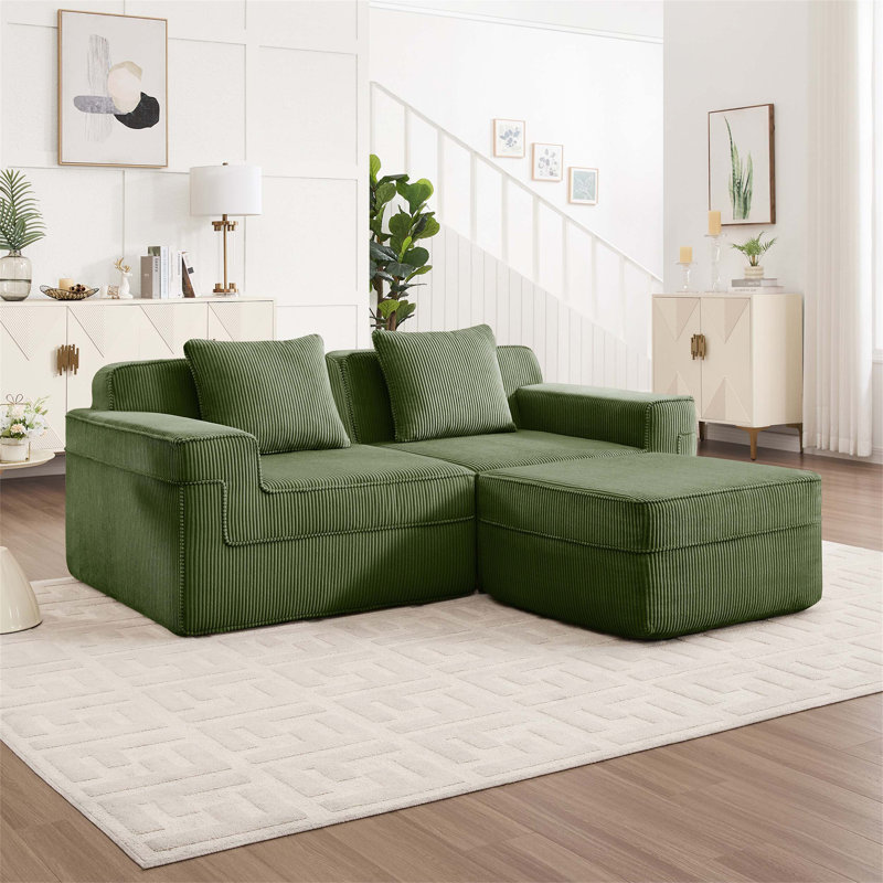 Canapé modulaire modulaire en L à 2 places avec assise profonde, coussins décoratifs et repose-pieds mobile, idéal pour la détente en famille