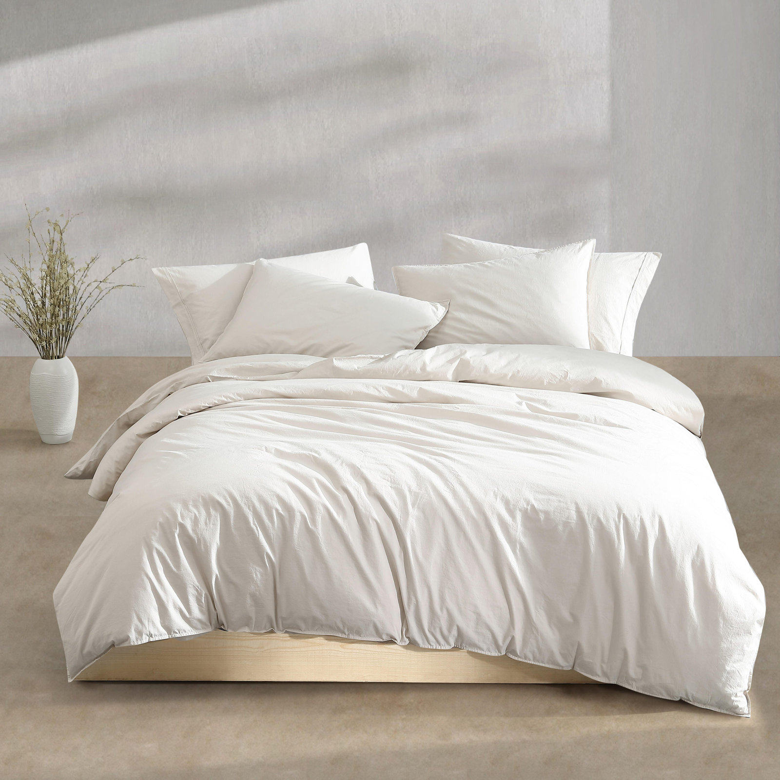 Washed Percale Cotton Duvet Cover Set, King Duvet Cover + 2 King Shams, Light Beige