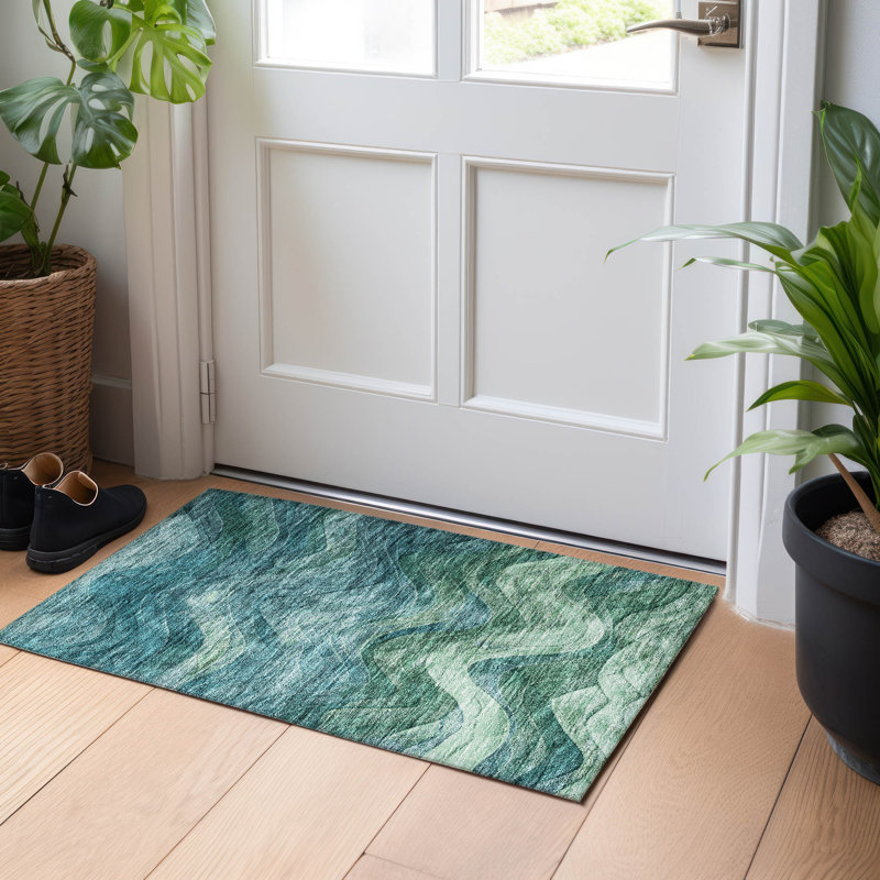 Machine Washable Indoor/Outdoor Cinead ACN1700 Teal Rug, Rectangle 1'8" x 2'6"