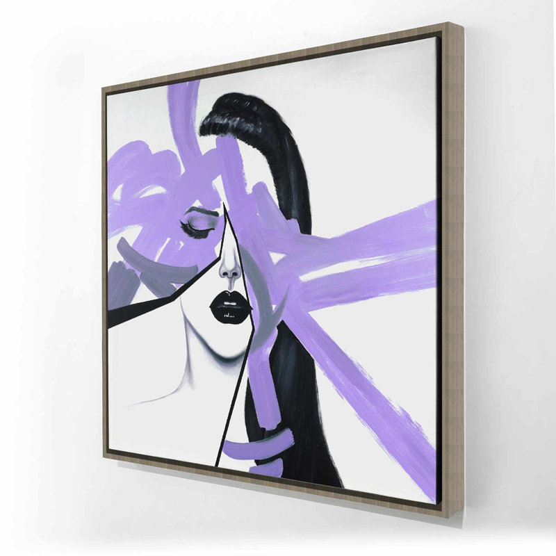 Portrait abstrait de femme mauve - Toile encadrée noire