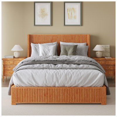 Natural Solid Wood Platform Bed Frame with Vertical Slatted Headboard - Queen Size Floor-Standing Bed, No Box Spring Needed
