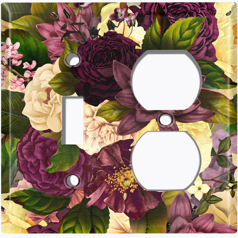 Plaque murale avec interrupteur à bascule et prise de courant double fleur mauve et rose