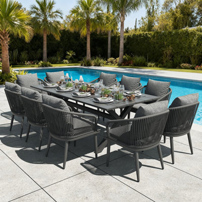 Outdoor Dining Set Woven Rope Wicker Patio Dining Set With Rectangular Aluminum Table And Modern Armrest Dining Chairs