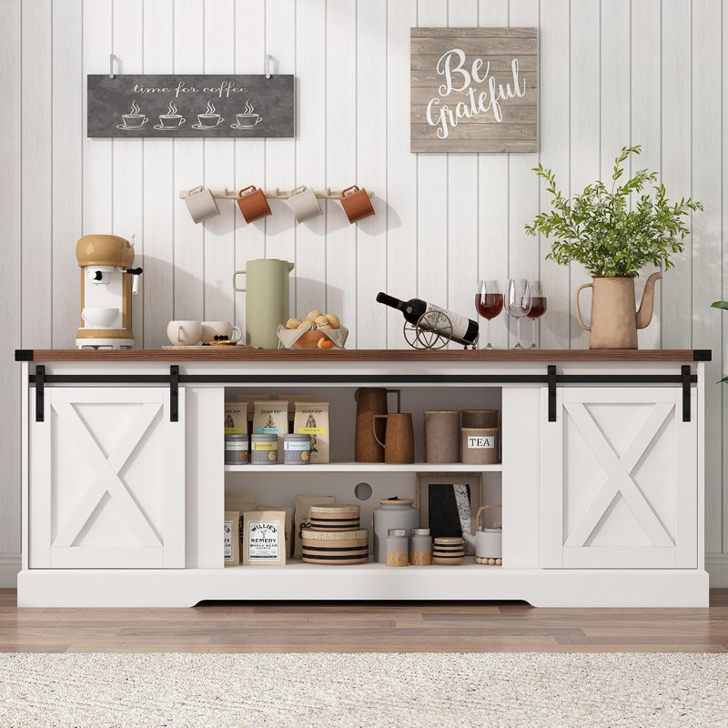 70.1" Farmhouse Electric Fireplace TV Stand with Sliding Barn Doors, Entertainment Center Media Console Fits Up to 80" TV, Storage Cabinets for Living Room