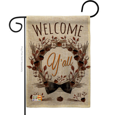 Drapeau de jardin 2 côtés en toile jute 1,5 x 1,1 pi. welcome y’all en coton à ressorts