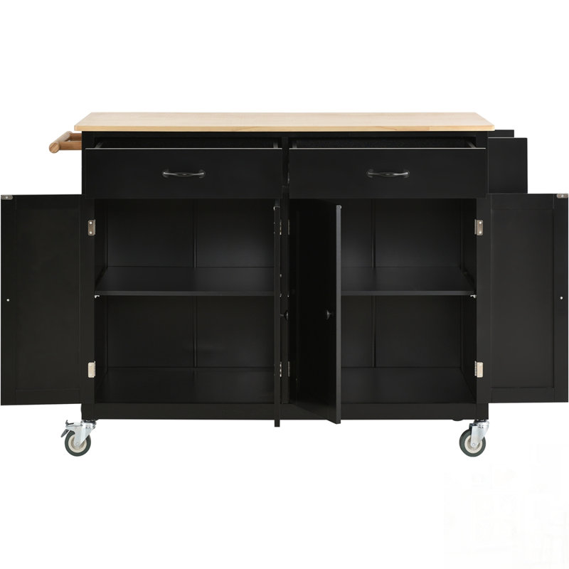 Kitchen Island Cart with Solid Wood Top, Locking Wheels, 4 Door Cabinet, Two Drawers, Spice and Towel Racks for Enhanced Storage and Mobility