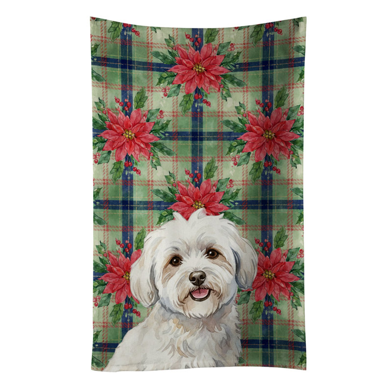 Coton de Tulear Christmas PoinsettIas Kitchen Towel, White Coton de Tulear