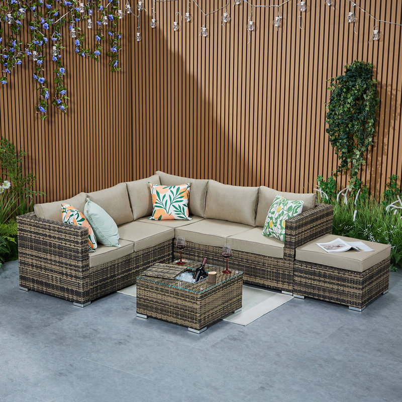 Vancouver 6 Seater Corner Sofa Set With Ice Bucket Coffee Table and rain Cover and footrest , Brown, Brown