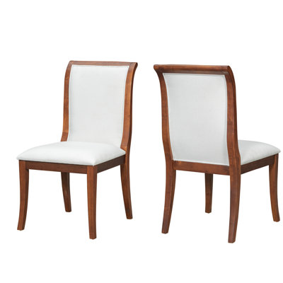 2 Traditional Walnut Finish Upholstered Side Chairs - Fabric With Curved Lines, Solid Frame, Comfortable Cushions, Ergonomic Design