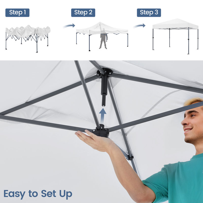 Metal Pop-Up Canopy with One-Push-To-Lock Setup Mechanism, 10' W x 10' D, White