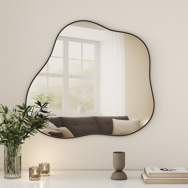 31" Irregular Wall Mirror with Black Metal Frame for Bathroom or Vanity