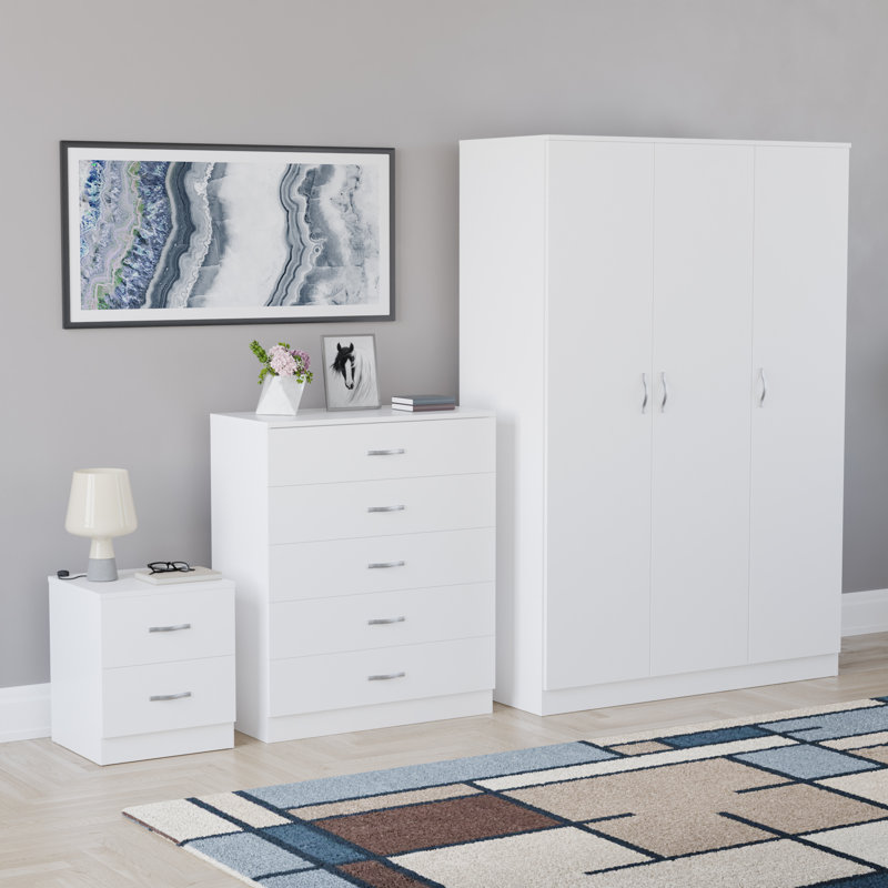 Maybery 3 Piece Bedroom Set (2 Drawer Bedside Chest, 5 Drawer Chest, 3 Door Wardrobe), (5), White