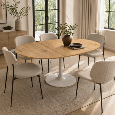 Table de salle à manger ronde extensible 57,87 po pour 4 à 6 personnes, plateau de table en panneau de fibres à densité moyenne avec base à piédestal en métal, table de salle à manger moderne tulipe ovale