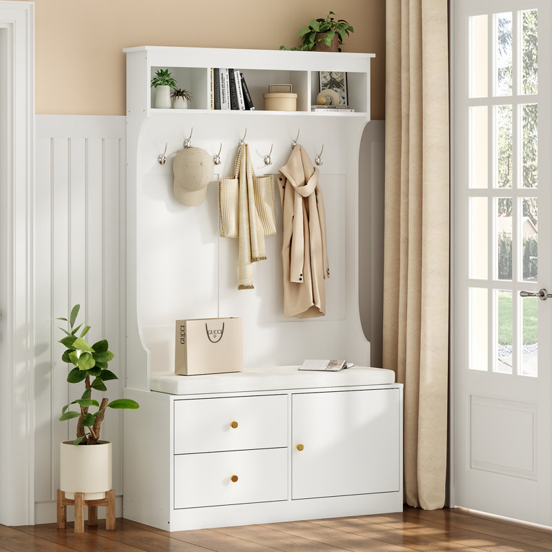 Hall Tree 40.1" Wide with Storage Bench, White