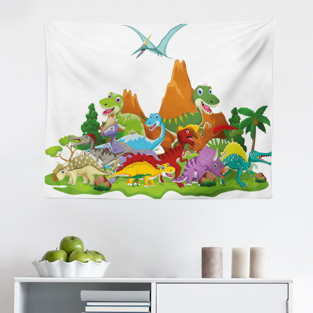 Wandbehang Funny Friendly Dinosaurier in Cartoon-Stil und Landschaft Bäume und Berge