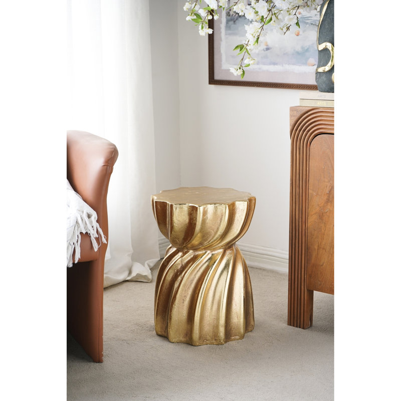 14X14x18.7" Gold Magnesium Accent Stool With Sculptural Swirl Design, Contemporary Side Table, Decorative Display Stand, Or Extra Seating Option