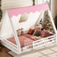 Lit double au sol avec tipi blanc et rose, garde-corps pour un coin de lecture blanc et rose, conception en bois massif
