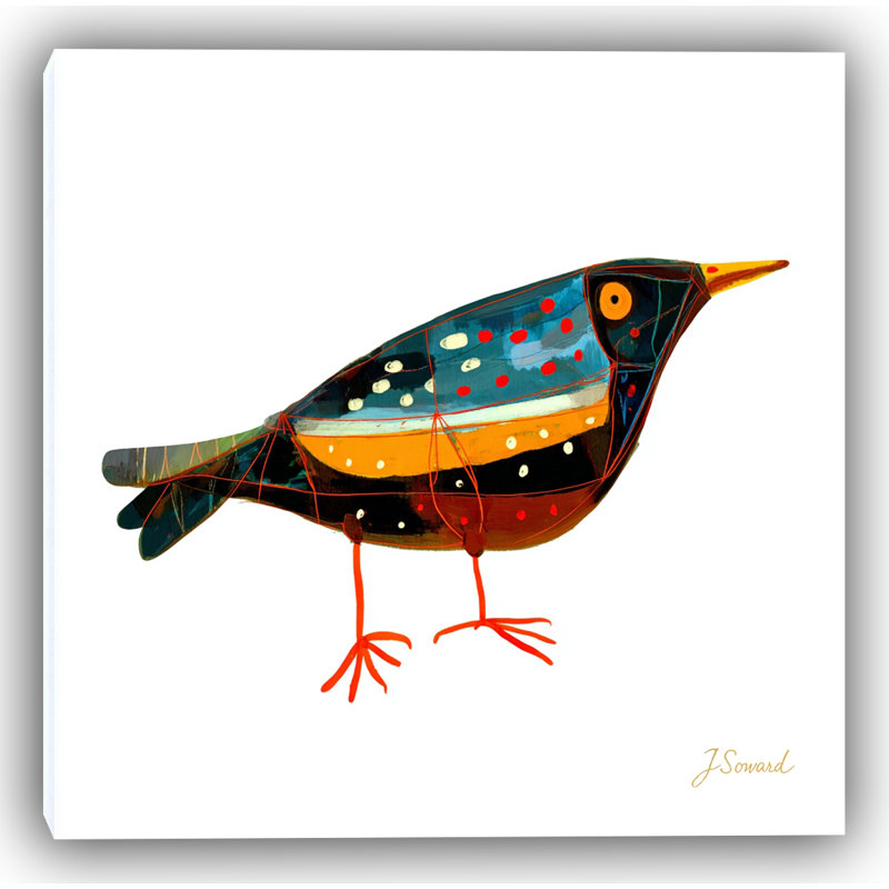 Patchwork Finch - peinture d'oiseau abstraite moderne, H 16 po x l 24 po
