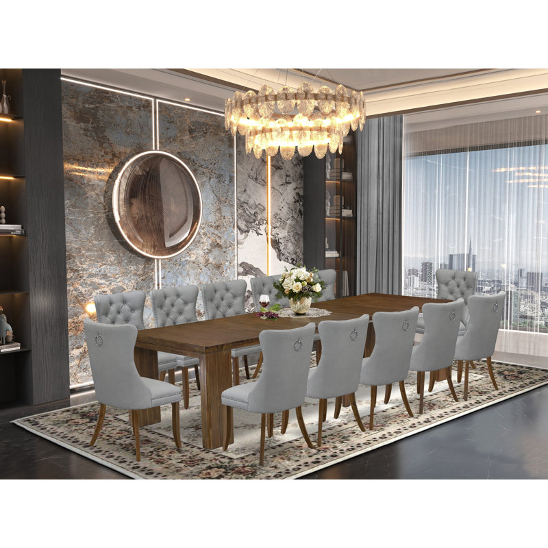13 Pieces Extendable Dining Set Includes a Rectangle Table and 12 Light Gray Polyester fabric Dining Chairs, Antique Walnut