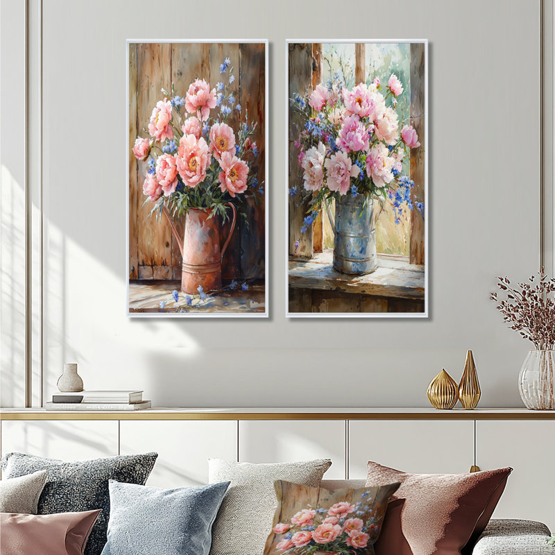 Bouquet de pivoines Country Bloom I - Collection de 2 panneaux de toiles florales, Cadre flottant blanc, 32" H x 33" W