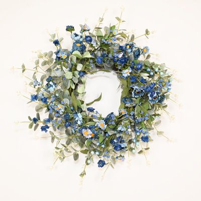22" Artificial Farmhouse Spring Summer Blossom Cluster Greenery Eucalyptus Berry Daisy Floral Wreath For Front Door
