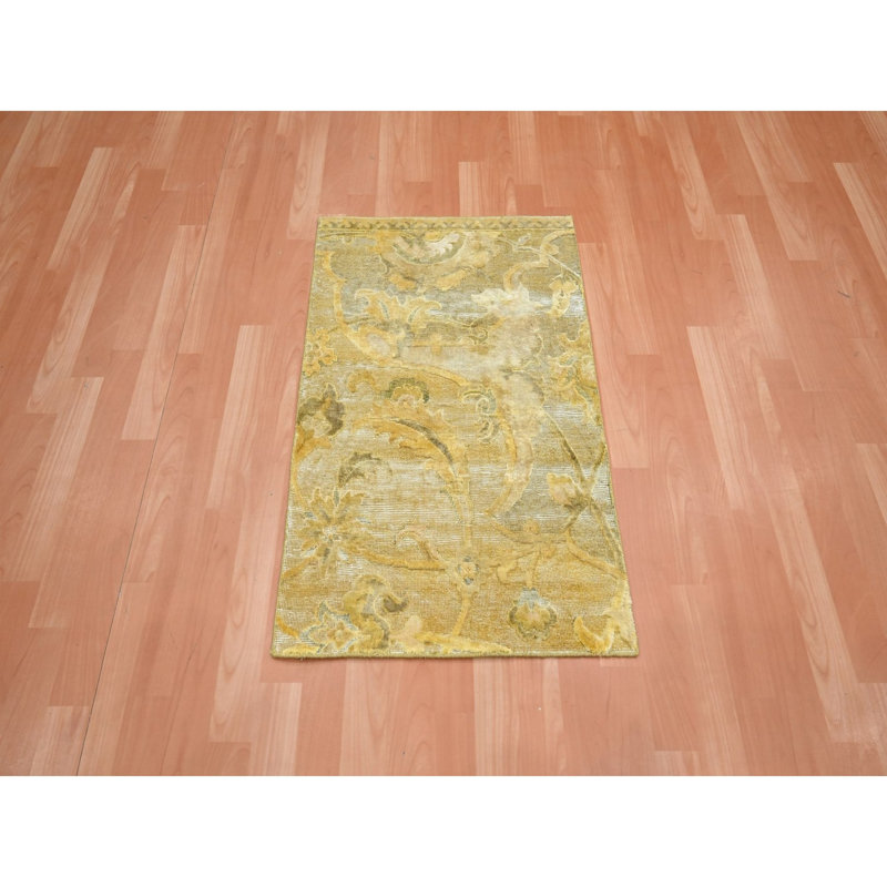 Tapis 2 pi x 3 pi jaune doré, motif d'influence persane, soie pure, délavé, délavé doré, haut et bas, noué à la main, échantillon, tapis, tapis oriental