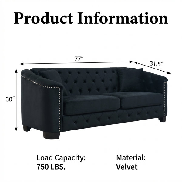 Mercer41 Modern Tufted Velvet Three-Seater Sofa with Nailhead Trim and ...