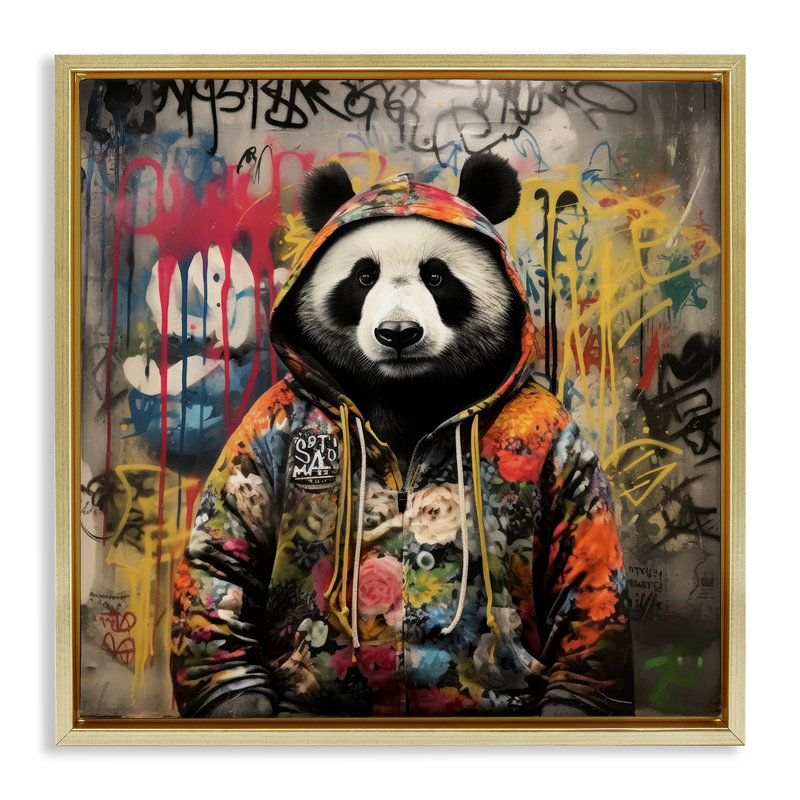 "Urban Graffiti Panda", art mural encadré flottant par Lazar Studio, Cadre flottant métallique doré, H 25 po x l 25 po
