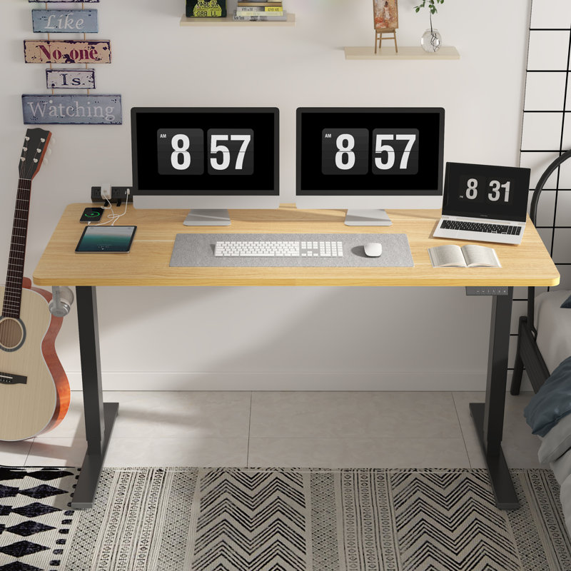 Adjustable Standing Desk, Whole-Piece Desktop, Maple/Black, 60" W x 24" D
