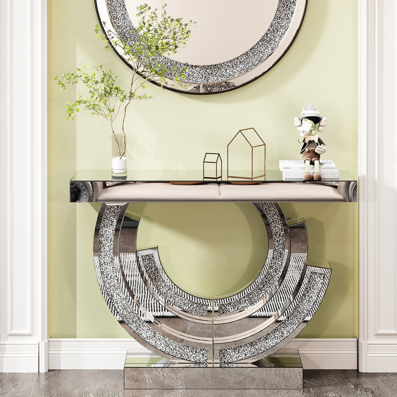 Console moderne avec diamant concassé en forme de 3c, centre en miroir argenté pour le salon, matériaux de haute qualité, conception en diamant incurvé facile à assembler, bords de miroir polis à la main, audacieux