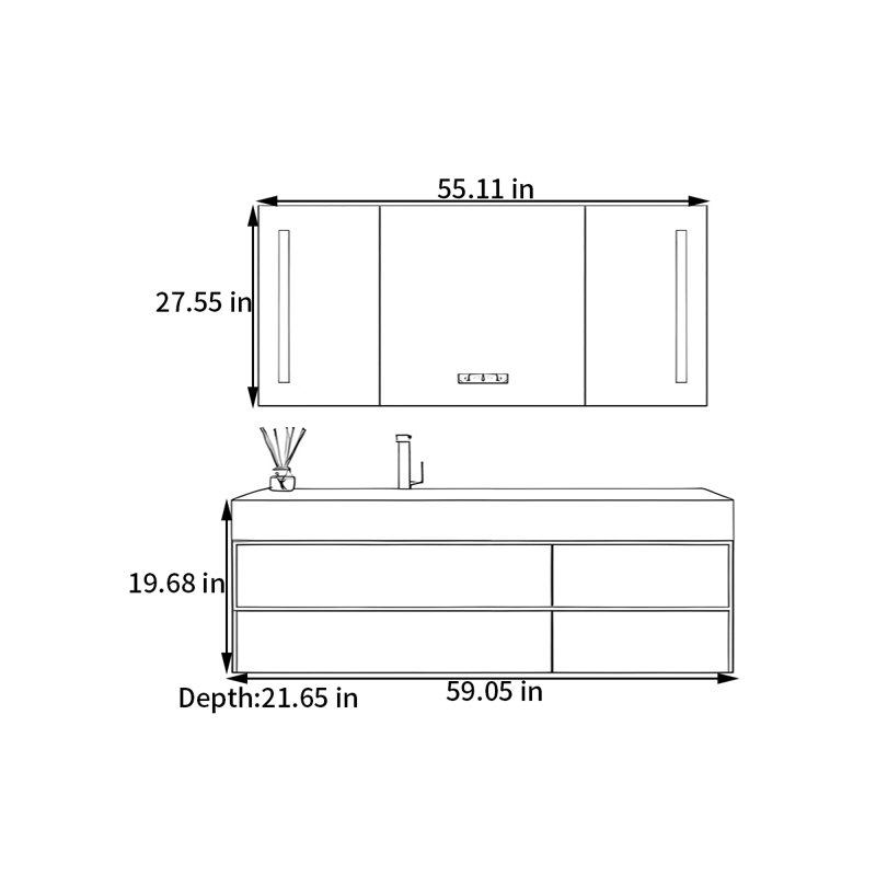 Creamy style smart bathroom cabinet, 59.05", Black
