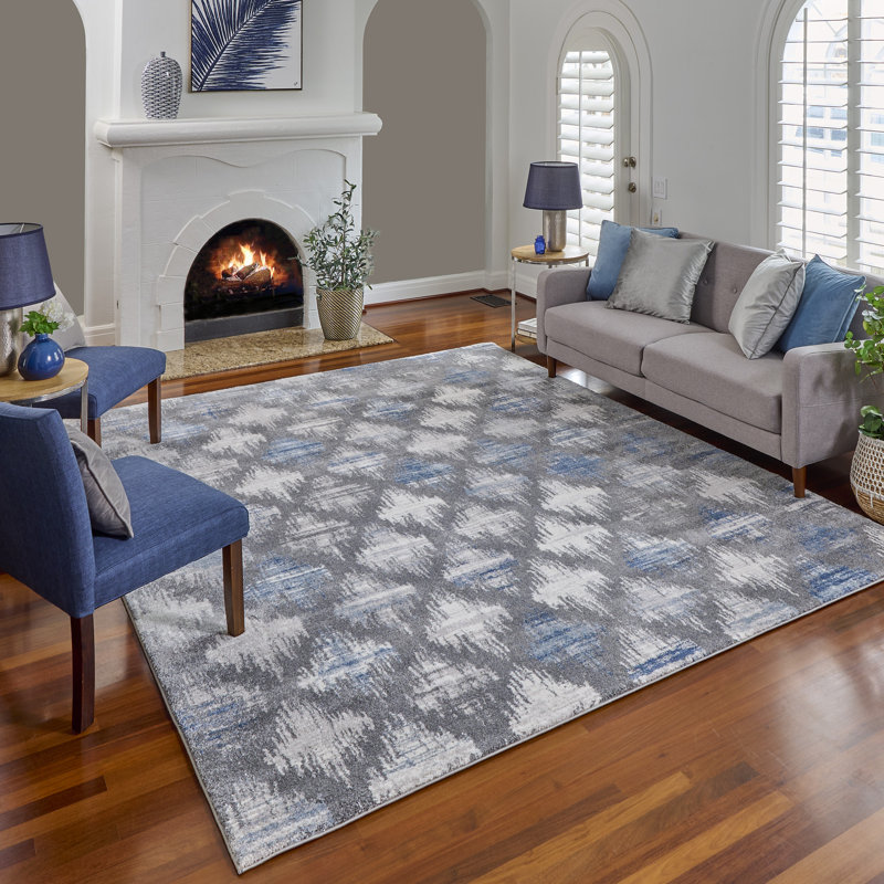 Tapis intérieur moderne à motif abstrait losanges bleu marine / bleu marine / ivoire Gufran, Rectangle 5 pi 3 po x 7 pi