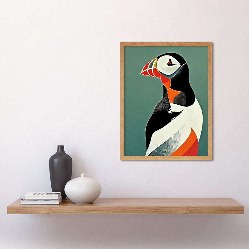 Bright Colourful Atlantic Puffin Bird - Print, 43cm H x 33cm W, Light Brown Framed Paper