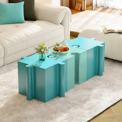 Table d'appoint bleue 3 pièces, conception modulaire emboîtable, capacité de 90 kg, pour salon de jardin, matériau casse-tête artistique, configurations multiples, durable, aucun assemblage requis