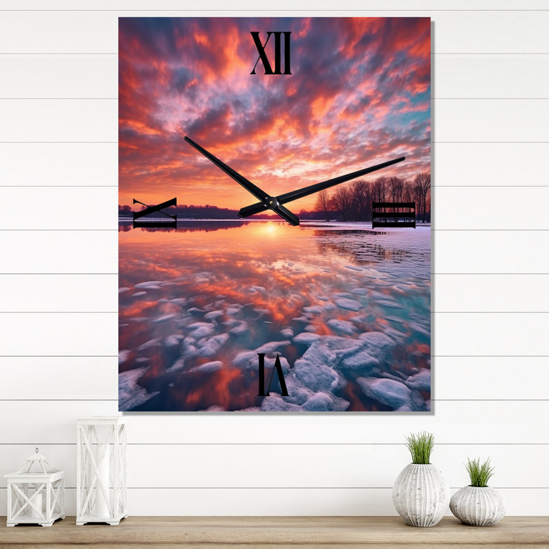 Exquis soleil pastel sur lac glacé Winter Lake - très grandes horloges murales, Grand