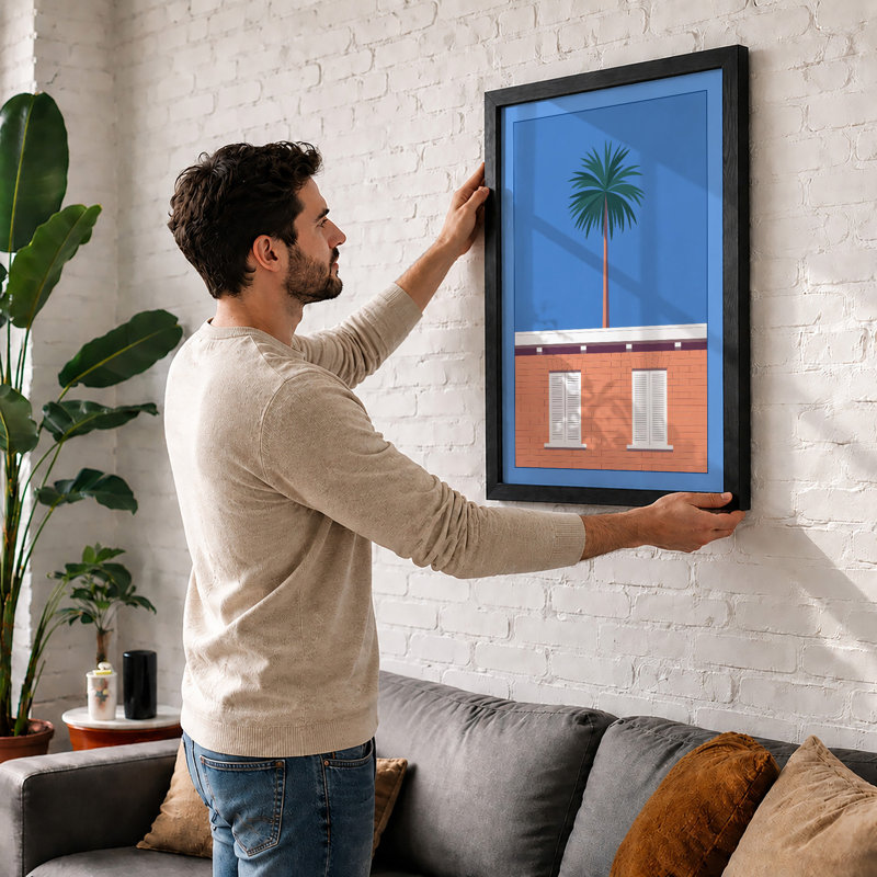 Palm and Brick Modern - Framed Print, Walnut, A4 - 29.7 x 21.0 cm